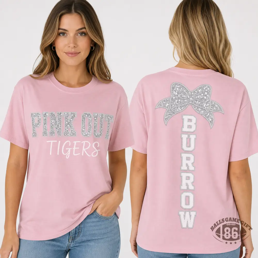 Personalized Pink Out Tee, Custom Team Name & Sequin Bow Game Day Shirt for Football Fans