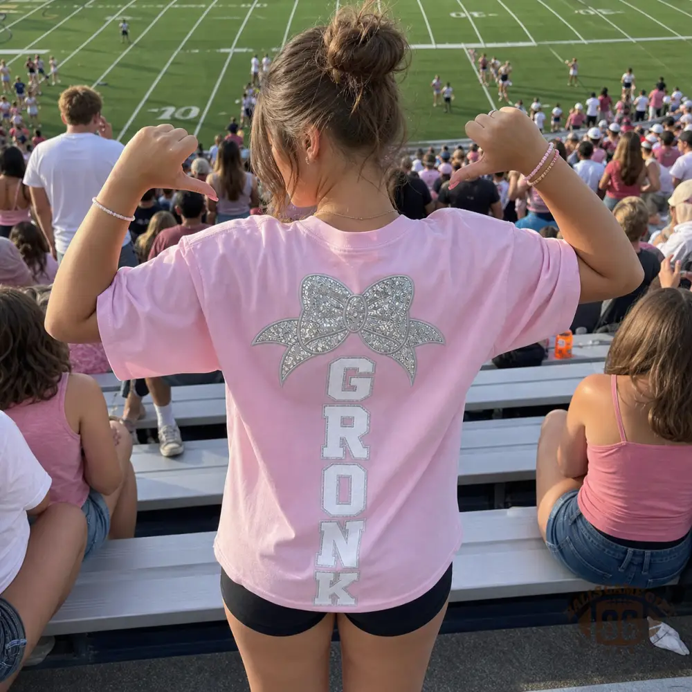 Personalized Pink Out Tee, Custom Team Name & Sequin Bow Game Day Shirt for Football Fans