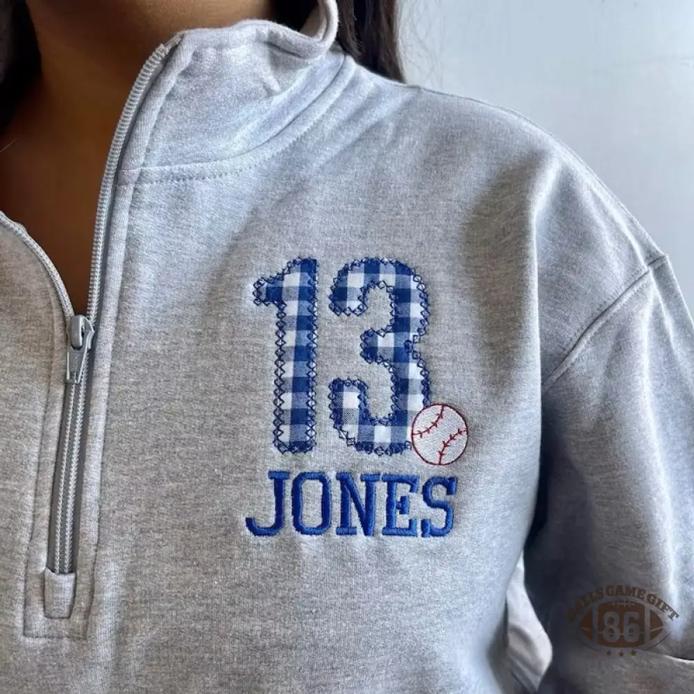 Personalized Plaid Baseball Number & Family Name Embroidered Quarter Zip Sweatshirt