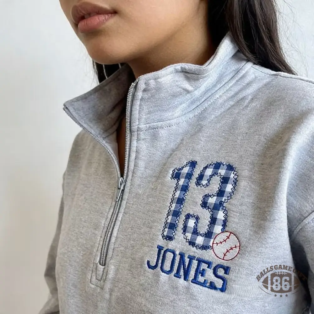 Personalized Plaid Baseball Number & Family Name Embroidered Quarter Zip Sweatshirt