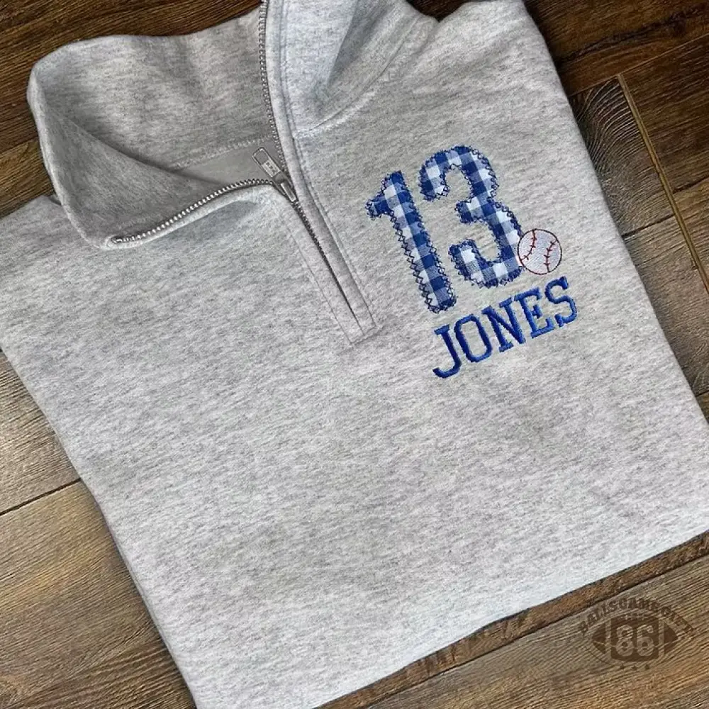Personalized Plaid Baseball Number & Family Name Embroidered Quarter Zip Sweatshirt
