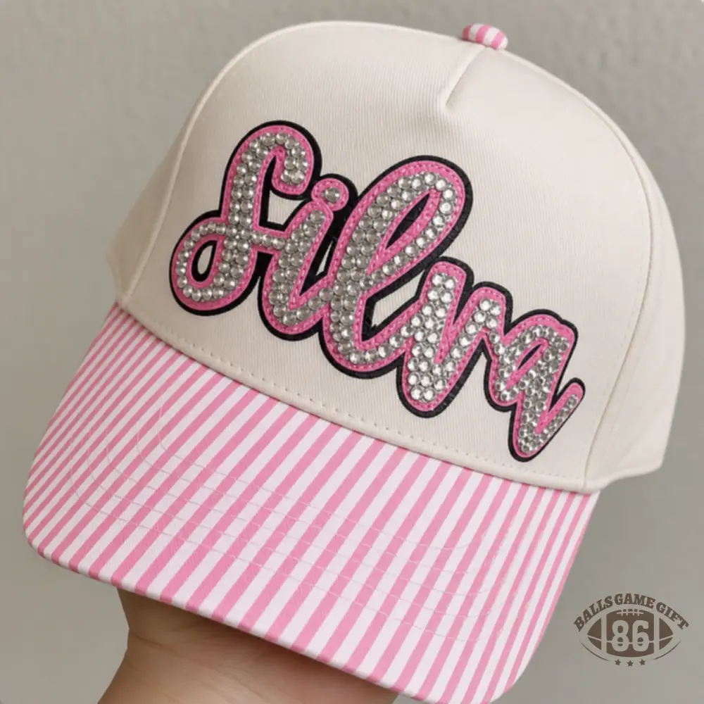 Personalized Rhinestones Sports Team Striped Brim Baseball Hat, Game Day Trucker Hat