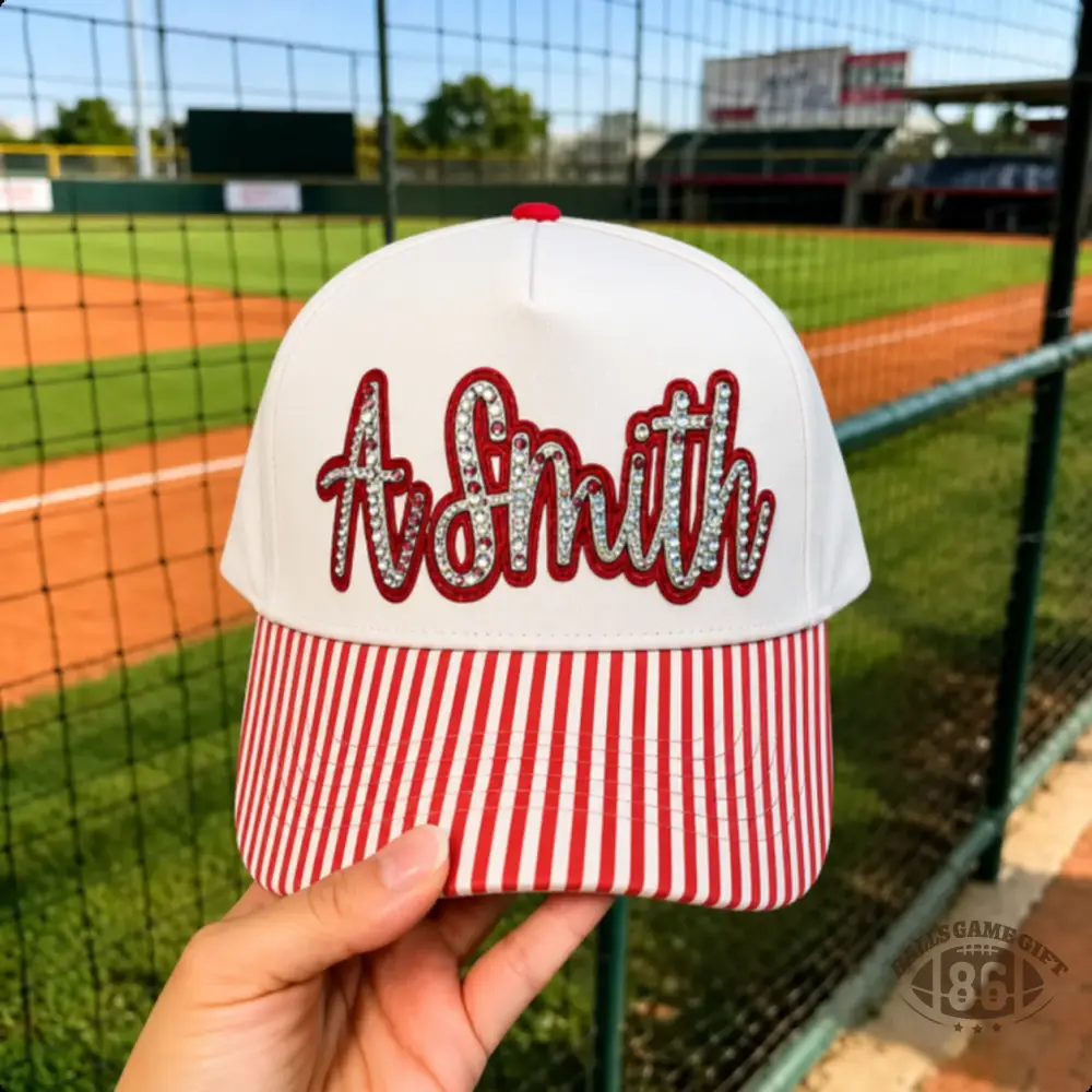 Personalized Rhinestones Sports Team Striped Brim Baseball Hat, Game Day Trucker Hat