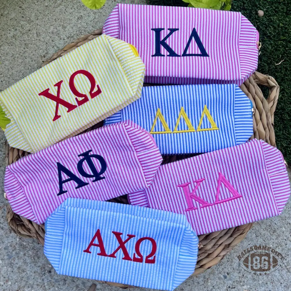 Personalized Seersucker Sorority Makeup Bag, Embroidered Greek Letter Cosmetic Pouch, Bridesmaid & Graduation Gift