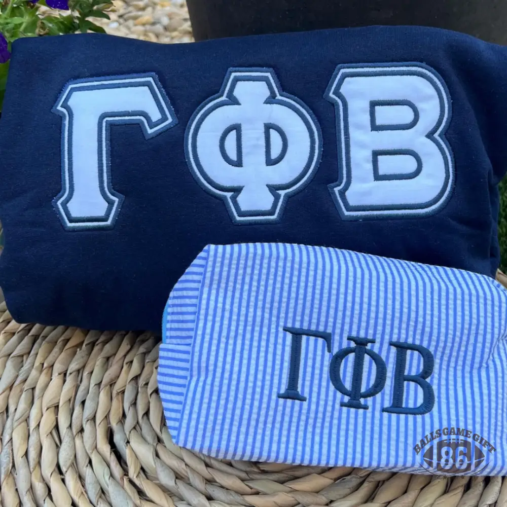 Personalized Seersucker Sorority Makeup Bag, Embroidered Greek Letter Cosmetic Pouch, Bridesmaid & Graduation Gift