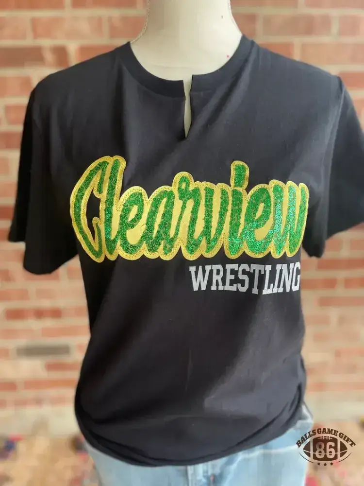 Personalized Sequin Notch Neck T-Shirt – Custom School & Team Name Game Day Tee