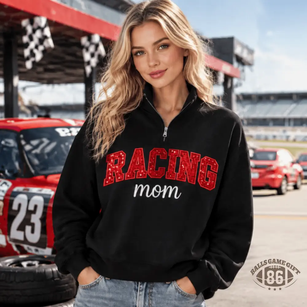 Personalized Sequin Racing Mom Quarter Zip Sweatshirt | Custom Vertical Name & Red Bow