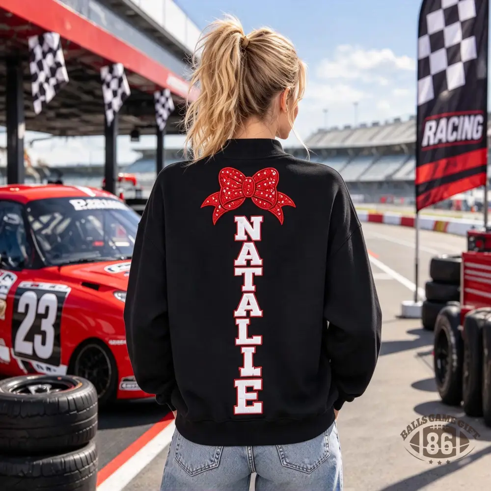 Personalized Sequin Racing Mom Quarter Zip Sweatshirt | Custom Vertical Name & Red Bow