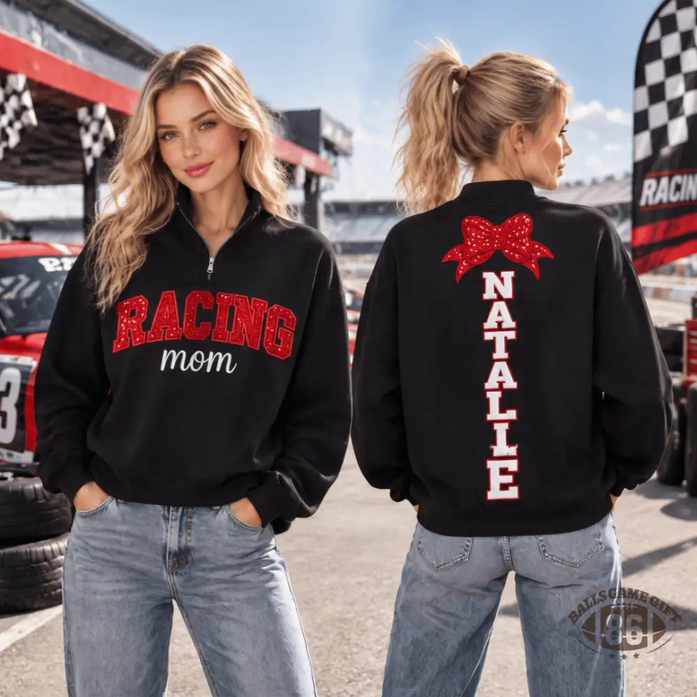 Personalized Sequin Racing Mom Quarter Zip Sweatshirt | Custom Vertical Name & Red Bow