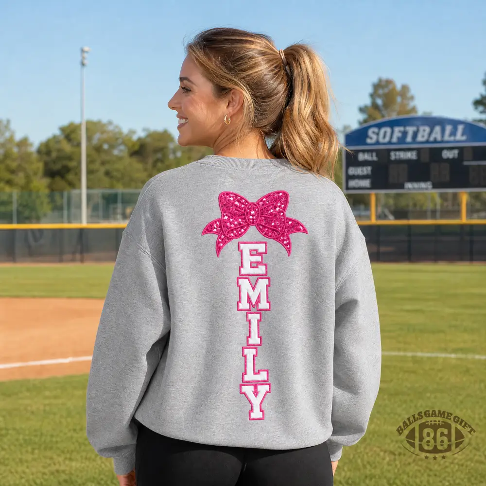 Personalized Softball Mama Sweatshirt | Custom Name & Pink Bow Sequin Crewneck