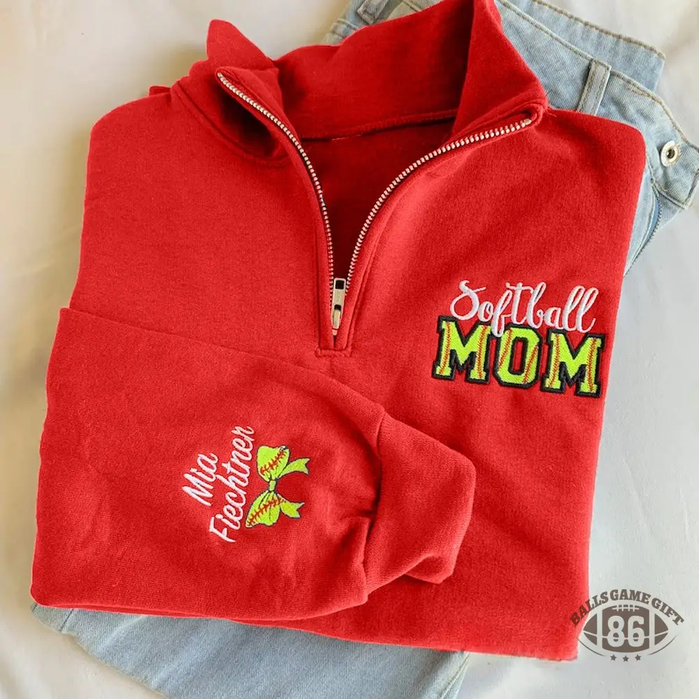 Personalized Softball Mom Embroidery Sweatshirt with Kid Name on Sleeve