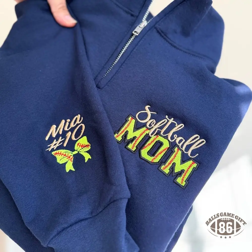 Personalized Softball Mom Embroidery Sweatshirt with Kid Name on Sleeve