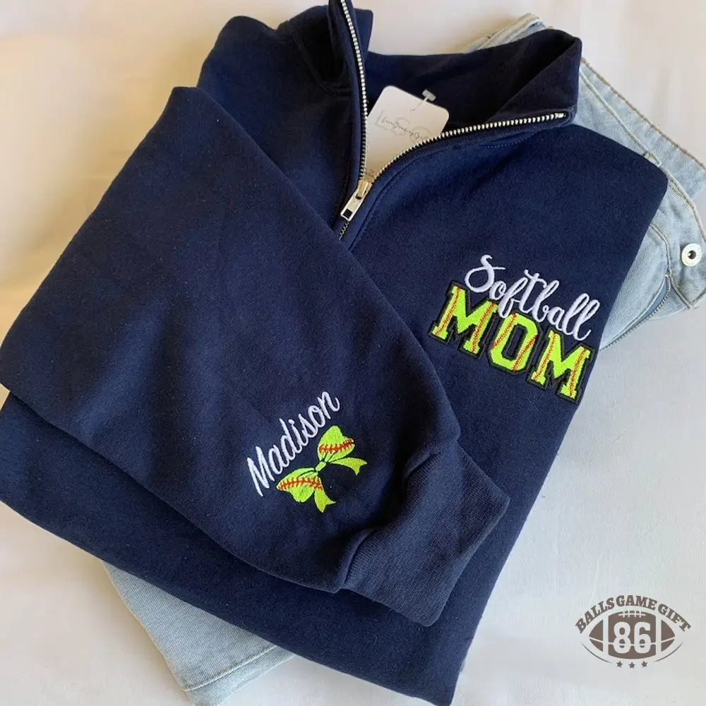 Personalized Softball Mom Embroidery Sweatshirt with Kid Name on Sleeve
