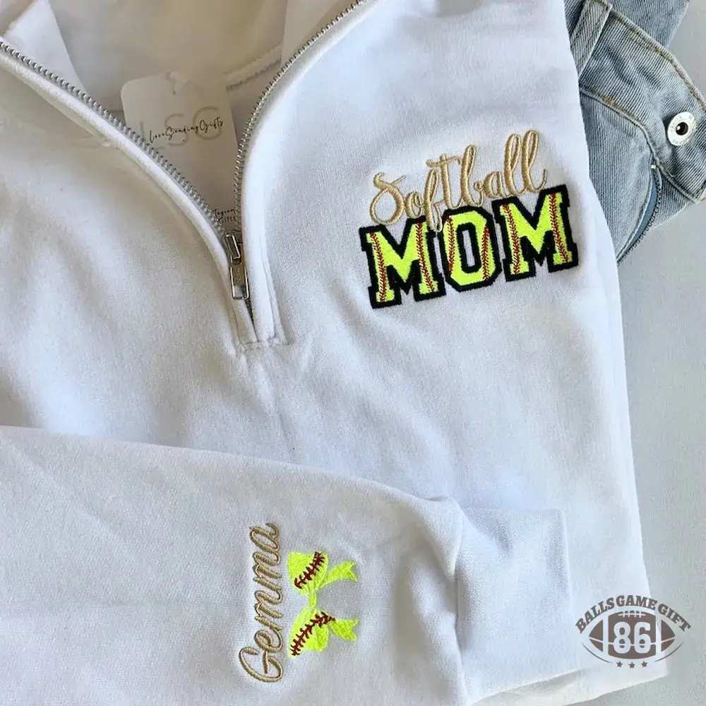 Personalized Softball Mom Embroidery Sweatshirt with Kid Name on Sleeve