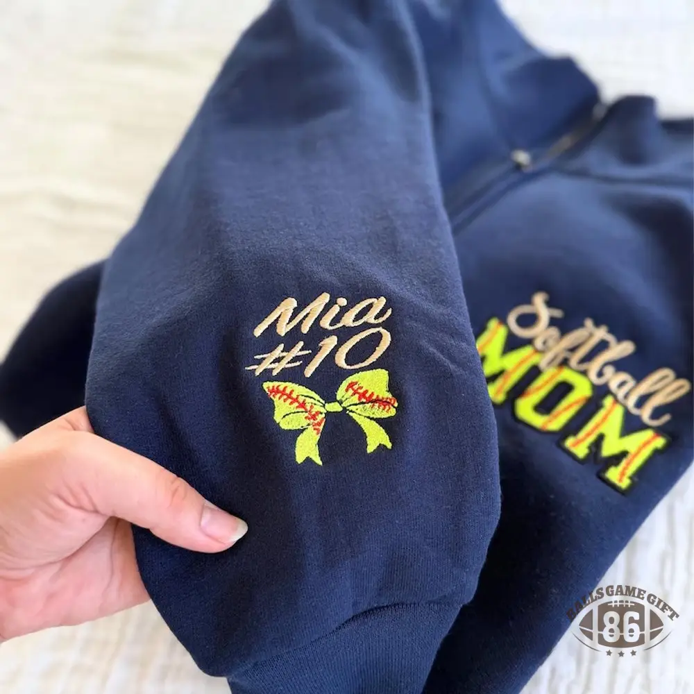 Personalized Softball Mom Embroidery Sweatshirt with Kid Name on Sleeve