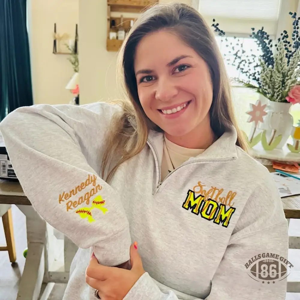 Personalized Softball Mom Embroidery Sweatshirt with Kid Name on Sleeve