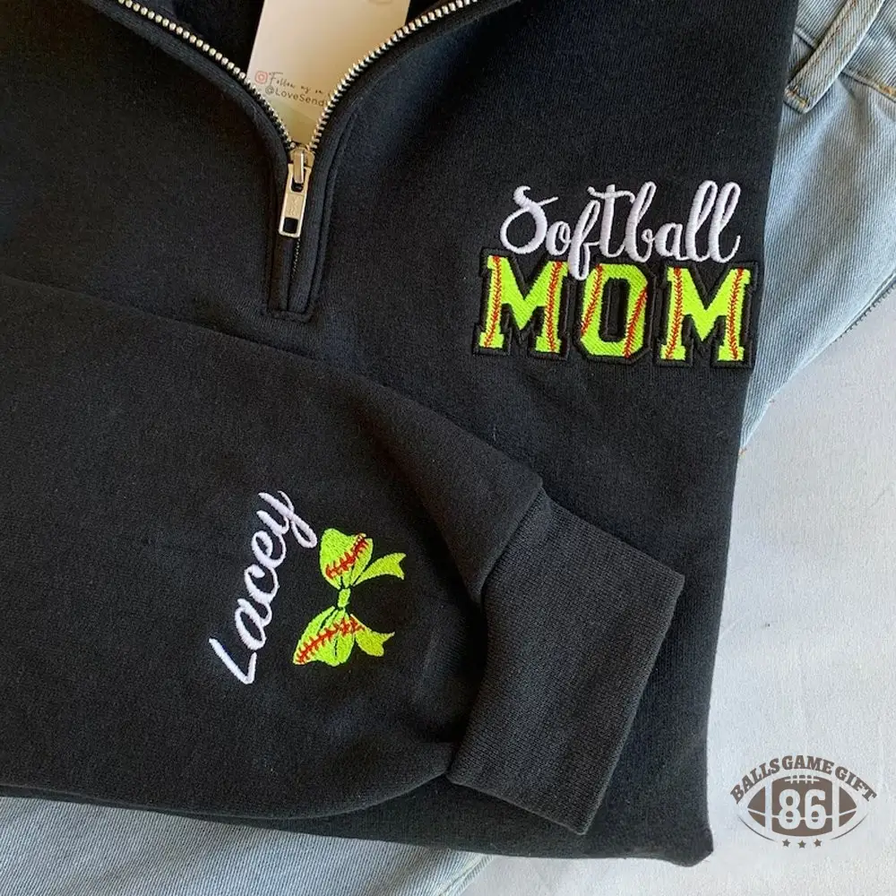 Personalized Softball Mom Embroidery Sweatshirt with Kid Name on Sleeve