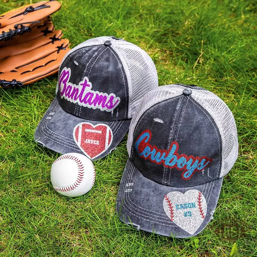 Personalized Sports Ponytail Cap, Custom Glitter Name & Number Hat, Adjustable Game Day Hat for Sports Fans