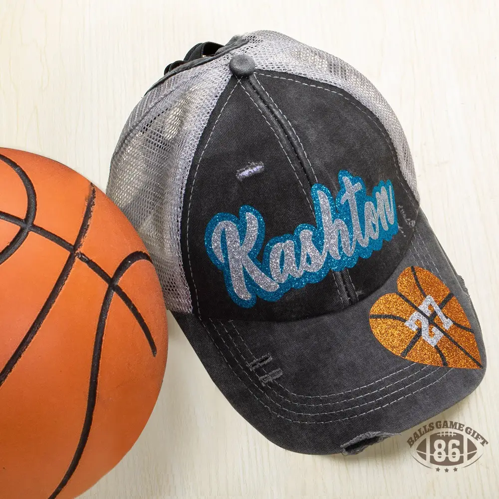 Personalized Sports Ponytail Cap, Custom Glitter Name & Number Hat, Adjustable Game Day Hat for Sports Fans