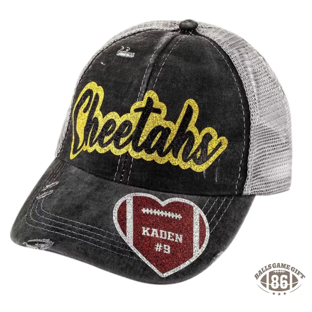 Personalized Sports Ponytail Cap, Custom Glitter Name & Number Hat, Adjustable Game Day Hat for Sports Fans