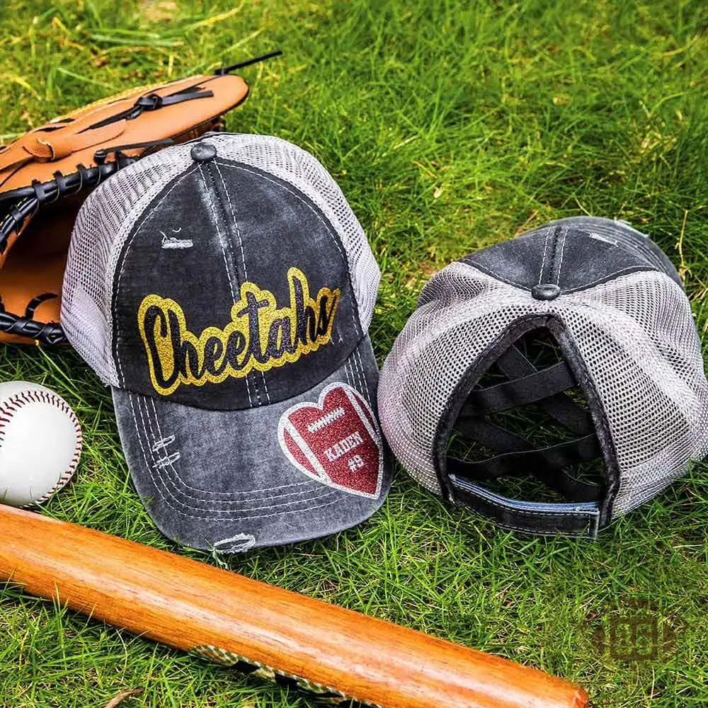 Personalized Sports Ponytail Cap, Custom Glitter Name & Number Hat, Adjustable Game Day Hat for Sports Fans