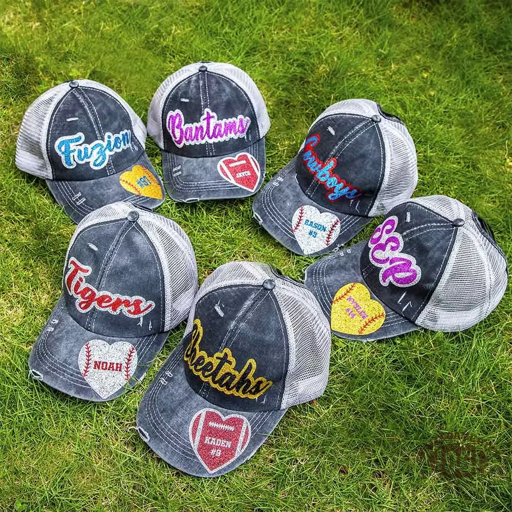 Personalized Sports Ponytail Cap, Custom Glitter Name & Number Hat, Adjustable Game Day Hat for Sports Fans
