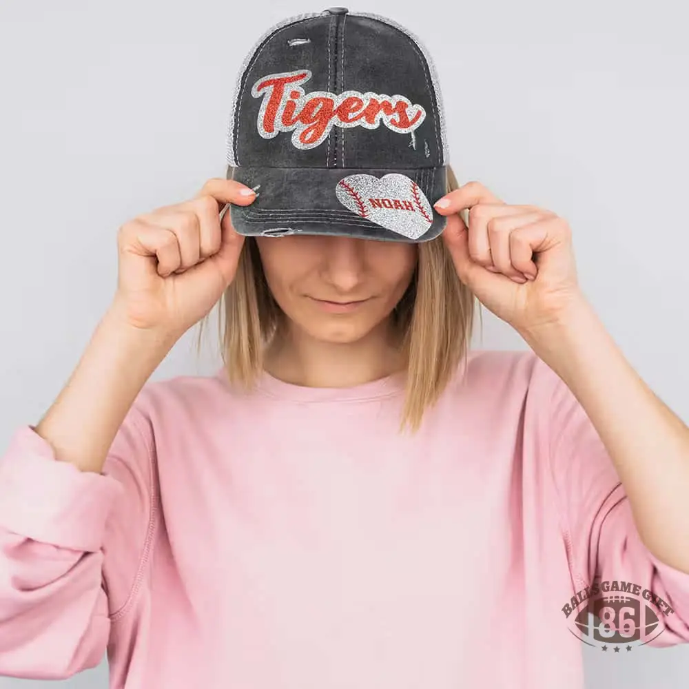 Personalized Sports Ponytail Cap, Custom Glitter Name & Number Hat, Adjustable Game Day Hat for Sports Fans