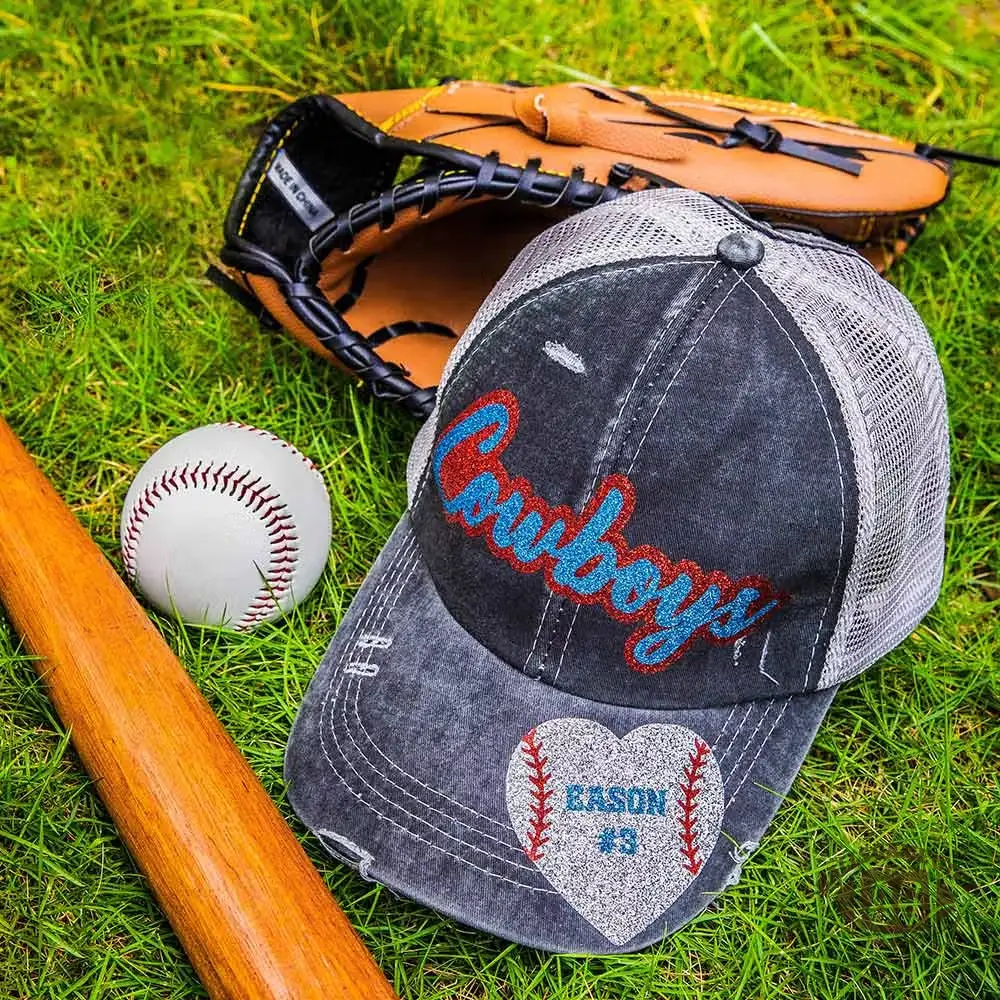 Personalized Sports Ponytail Cap, Custom Glitter Name & Number Hat, Adjustable Game Day Hat for Sports Fans