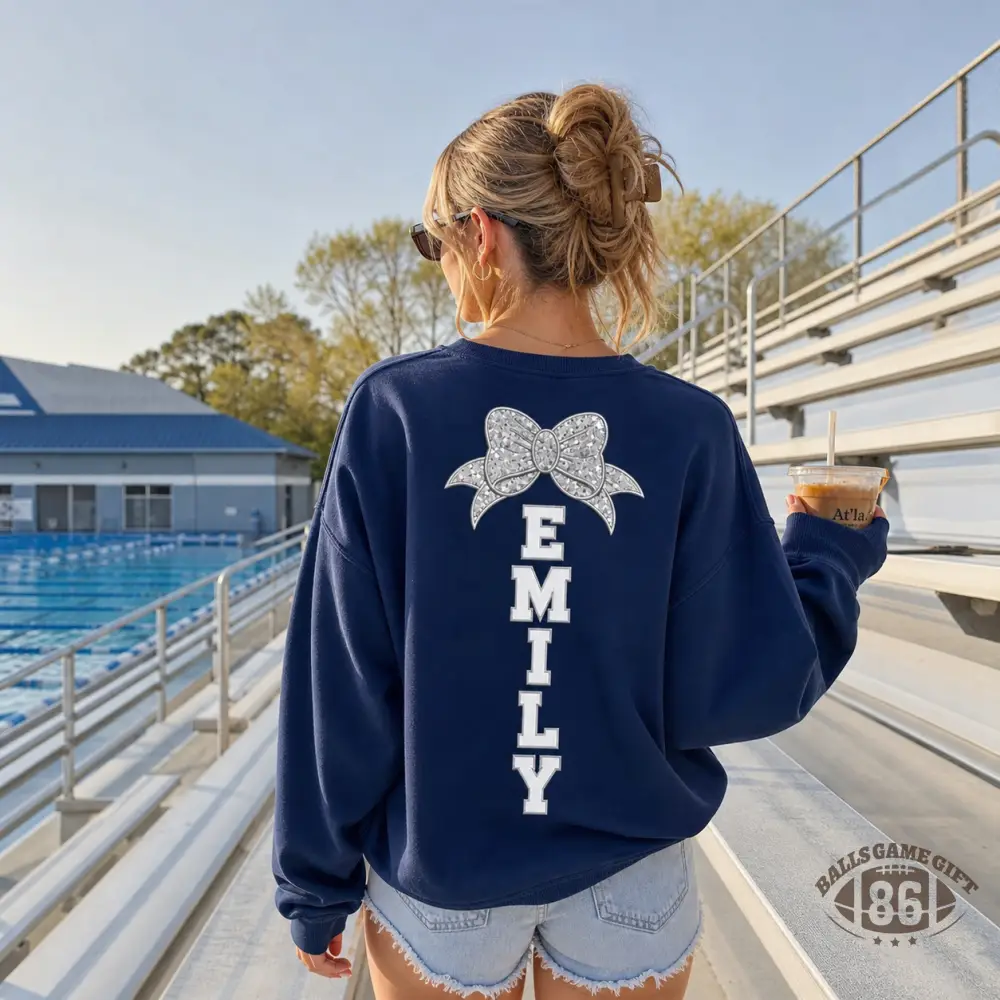 Personalized Swim Mom Embroidered Sweatshirt with Custom Kid Name & Bow Back