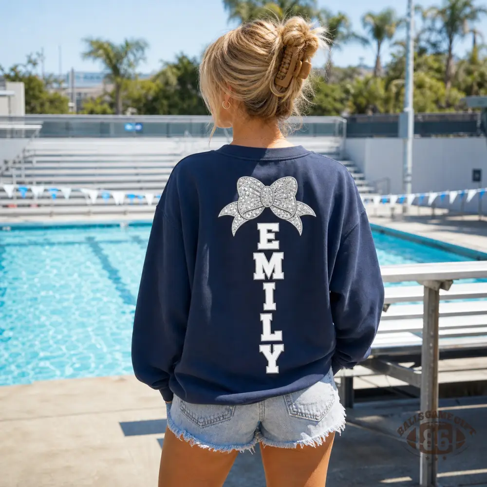 Personalized Swim Mom Embroidered Sweatshirt with Custom Kid Name & Bow Back