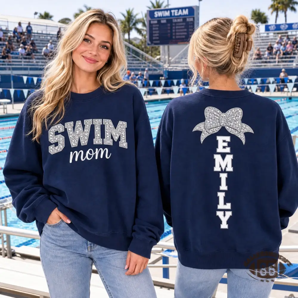 Personalized Swim Mom Embroidered Sweatshirt with Custom Kid Name & Bow Back