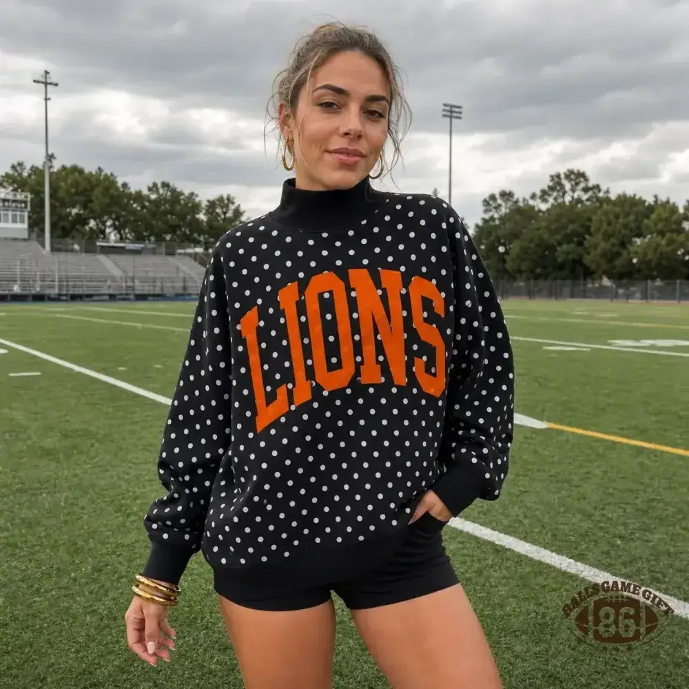 Custom Polka Dot Game Day Mock Neck Sweatshirt, Personalized Team Name Varsity Pullover