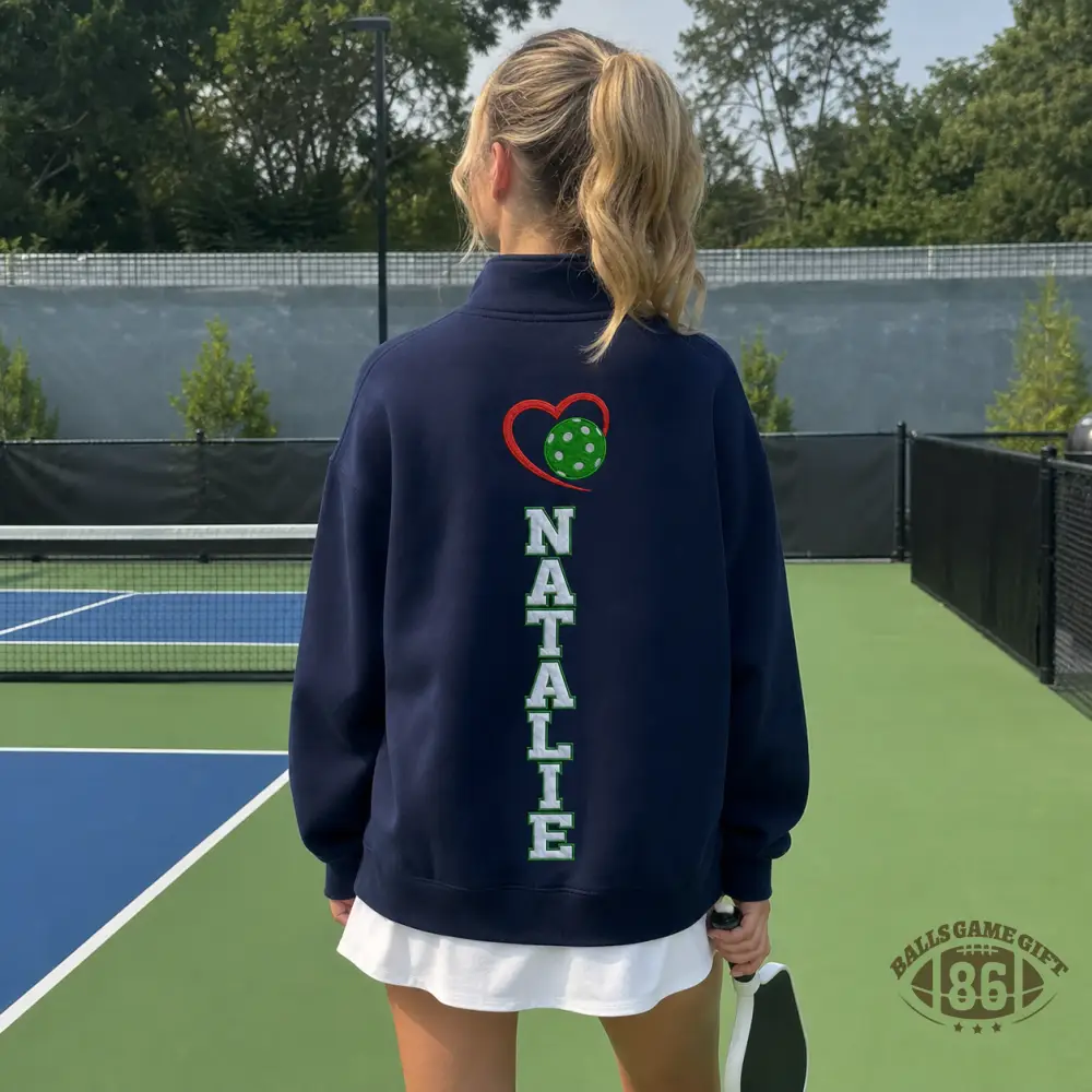 Pickleball Mom Quarter Zip Sweatshirt Custom Name & Heart Pickleball Graphic On Back