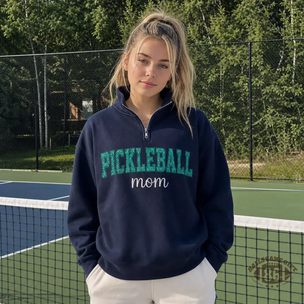 Pickleball Mom Quarter Zip Sweatshirt Custom Name & Heart Pickleball Graphic On Back
