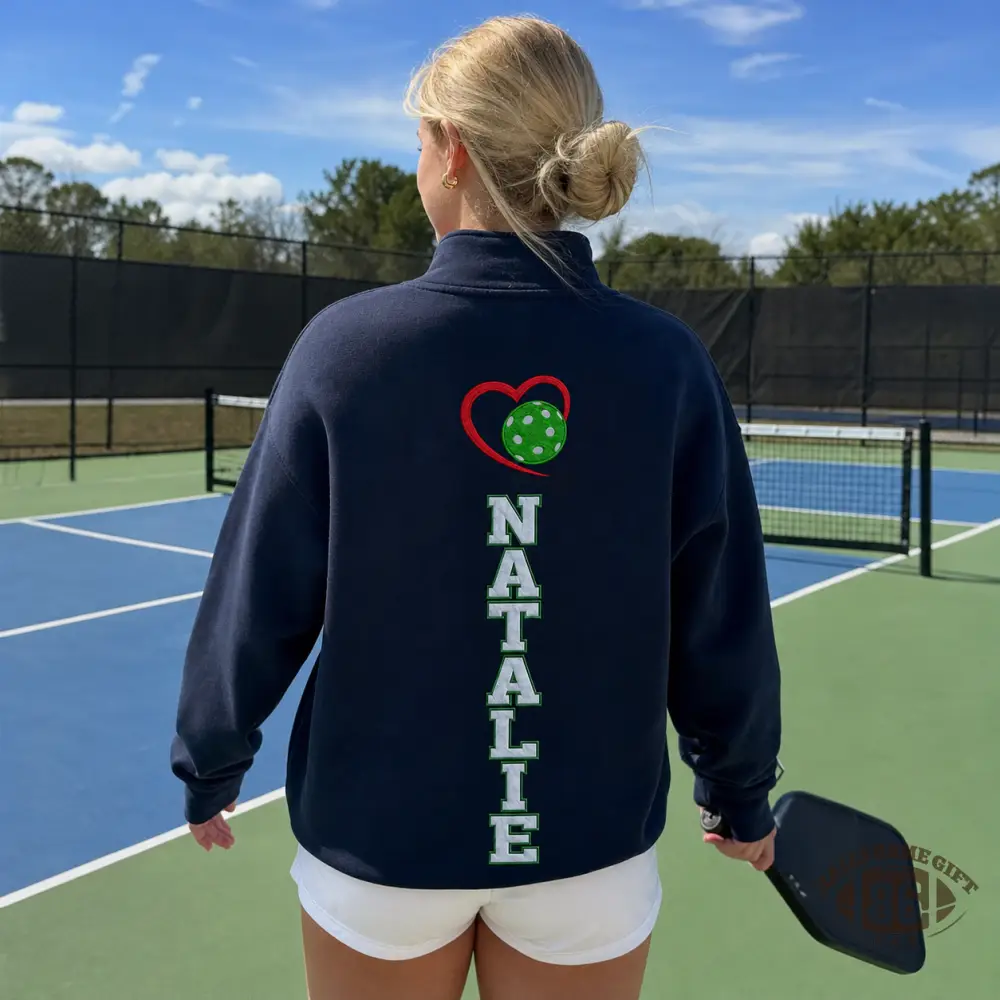 Pickleball Mom Quarter Zip Sweatshirt Custom Name & Heart Pickleball Graphic On Back