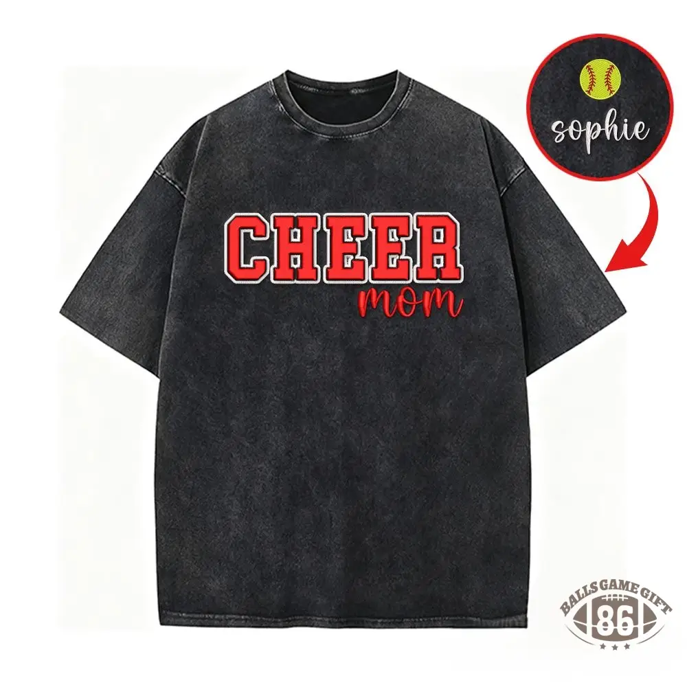 Proudstitch Puff Embroidered Cheer Mom Washed T-Shirt with Sequin Side Bows