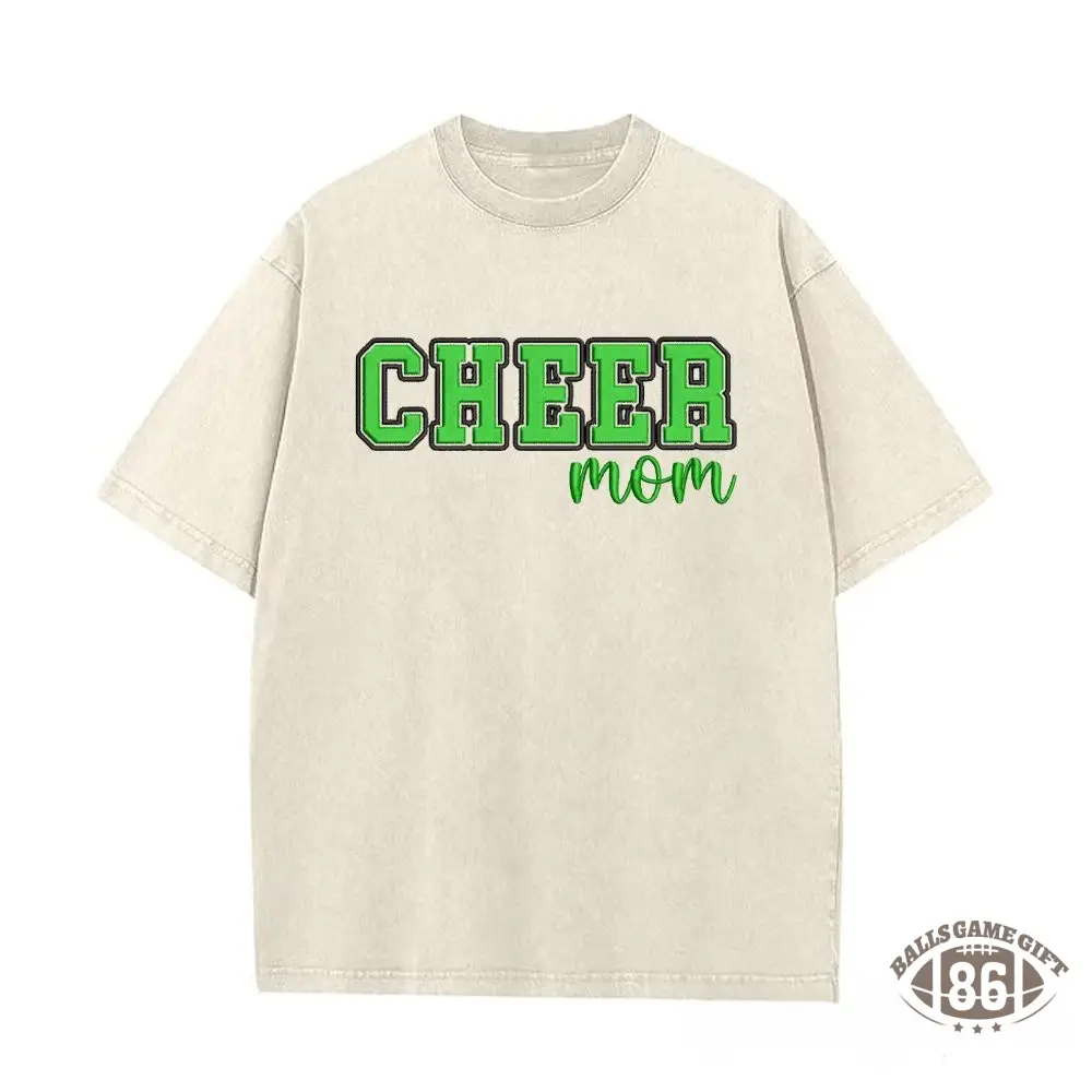 Proudstitch Puff Embroidered Cheer Mom Washed T-Shirt with Sequin Side Bows