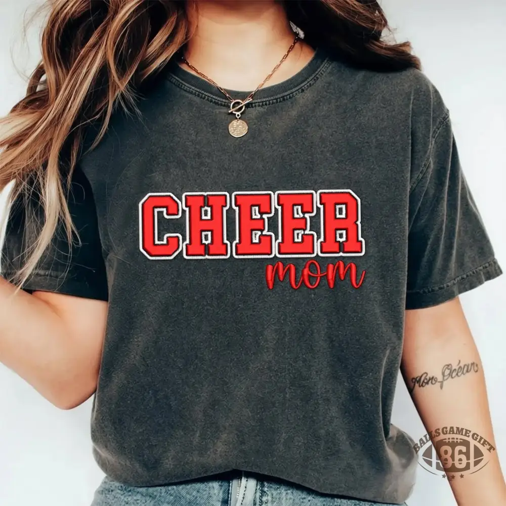 Proudstitch Puff Embroidered Cheer Mom Washed T-Shirt with Sequin Side Bows
