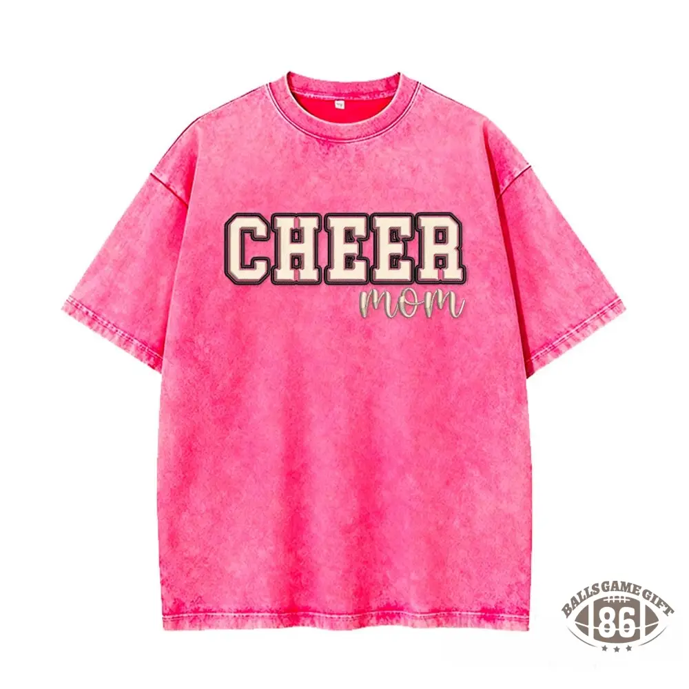 Proudstitch Puff Embroidered Cheer Mom Washed T-Shirt with Sequin Side Bows
