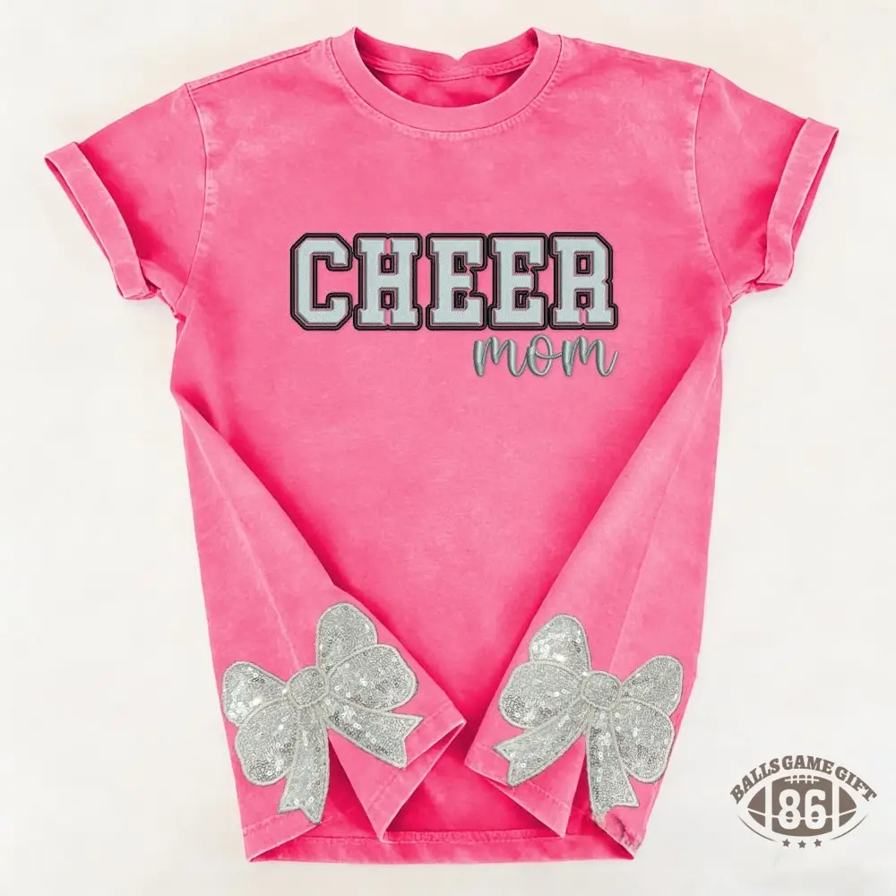 Proudstitch Puff Embroidered Cheer Mom Washed T-Shirt with Sequin Side Bows