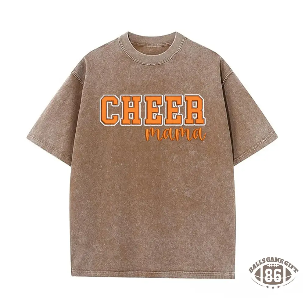 Proudstitch Puff Embroidered Cheer Mom Washed T-Shirt with Sequin Side Bows