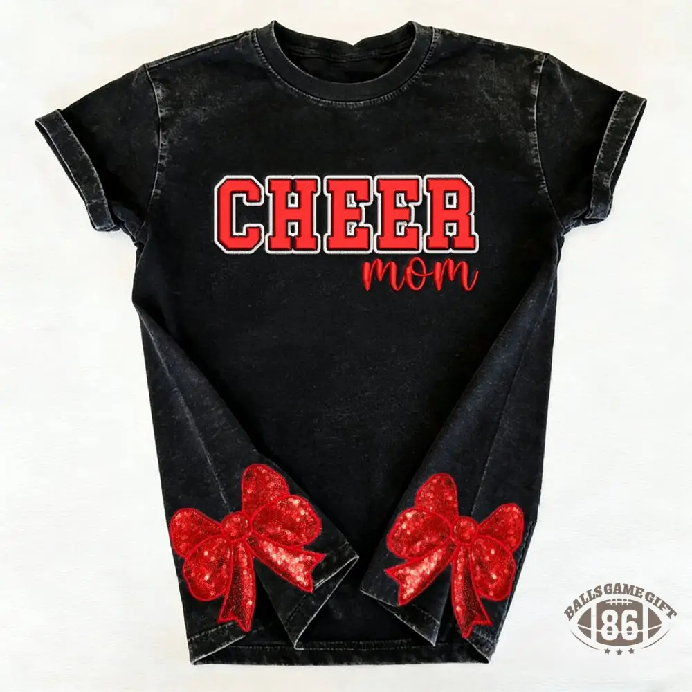 Proudstitch Puff Embroidered Cheer Mom Washed T-Shirt with Sequin Side Bows