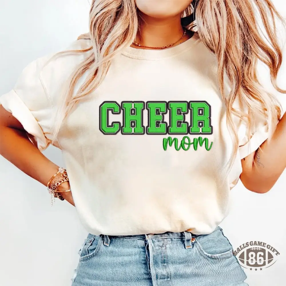 Proudstitch Puff Embroidered Cheer Mom Washed T-Shirt with Sequin Side Bows