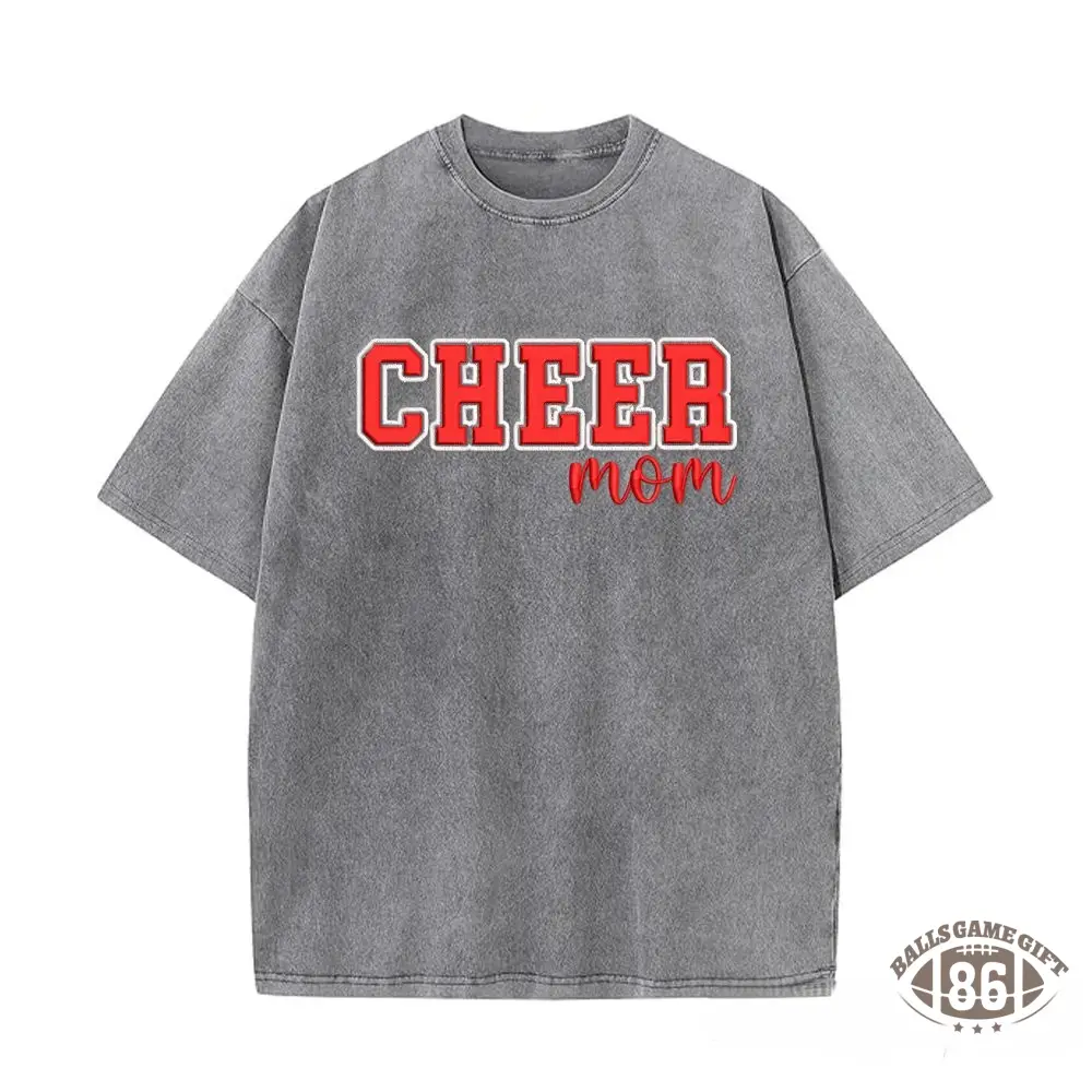 Proudstitch Puff Embroidered Cheer Mom Washed T-Shirt with Sequin Side Bows