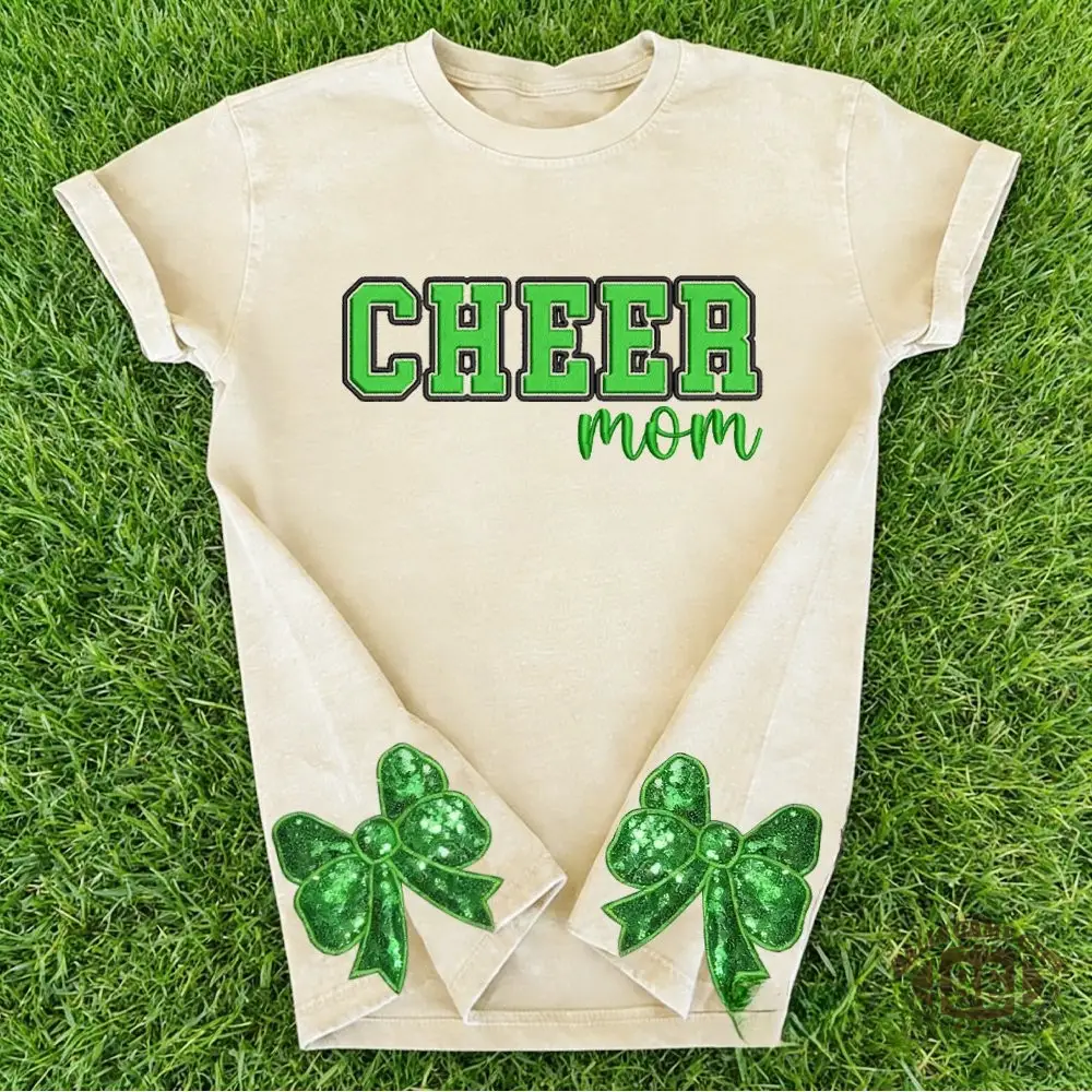 Proudstitch Puff Embroidered Cheer Mom Washed T-Shirt with Sequin Side Bows