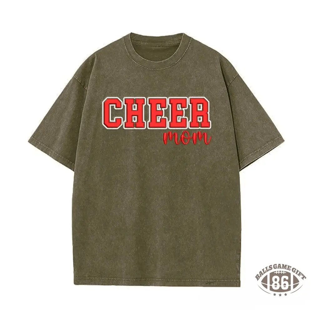 Proudstitch Puff Embroidered Cheer Mom Washed T-Shirt with Sequin Side Bows