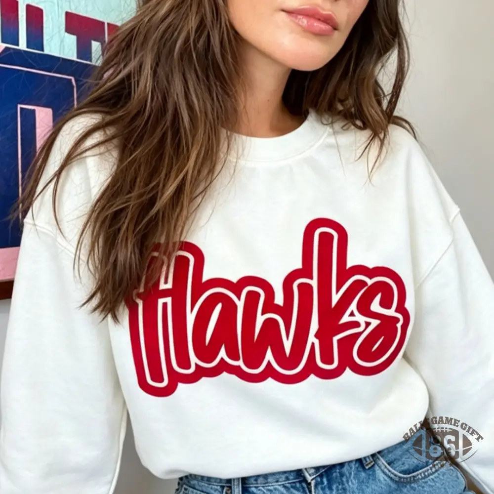🏈 Retro Bubble Letter Hawks Spirit Crewneck Sweatshirt, Custom School Mascot Game Day Oversized Pullover