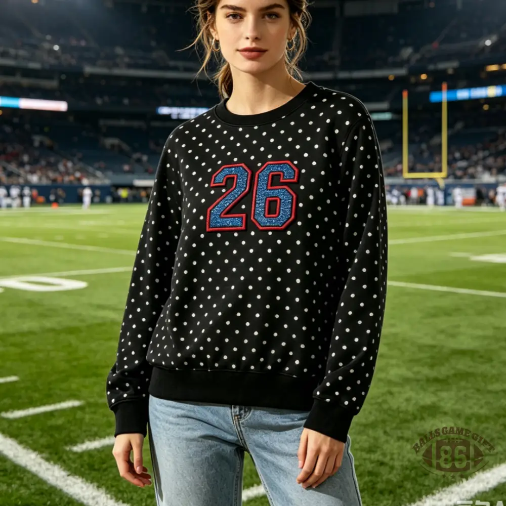 Retro Game Day Sweatshirt | Women Polka‑Dot Glitter Number Crew Neck Pullover