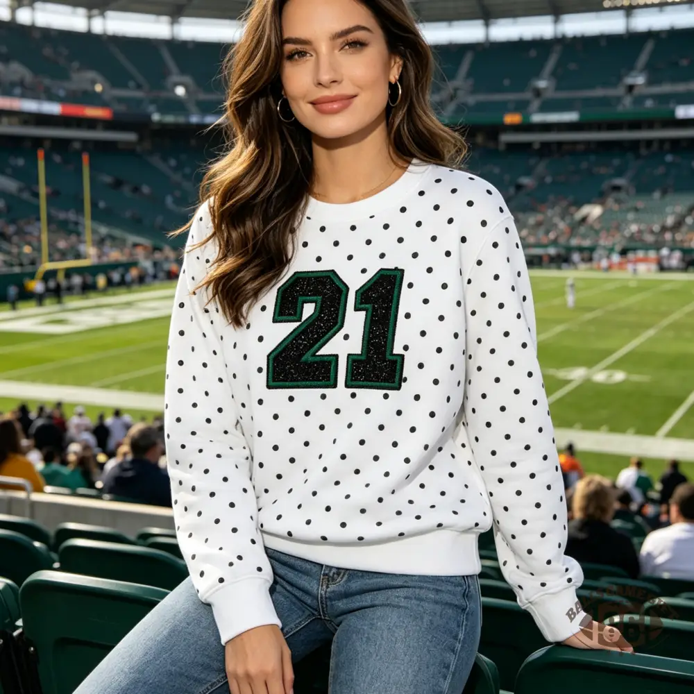 Retro Game Day Sweatshirt | Women Polka‑Dot Glitter Number Crew Neck Pullover