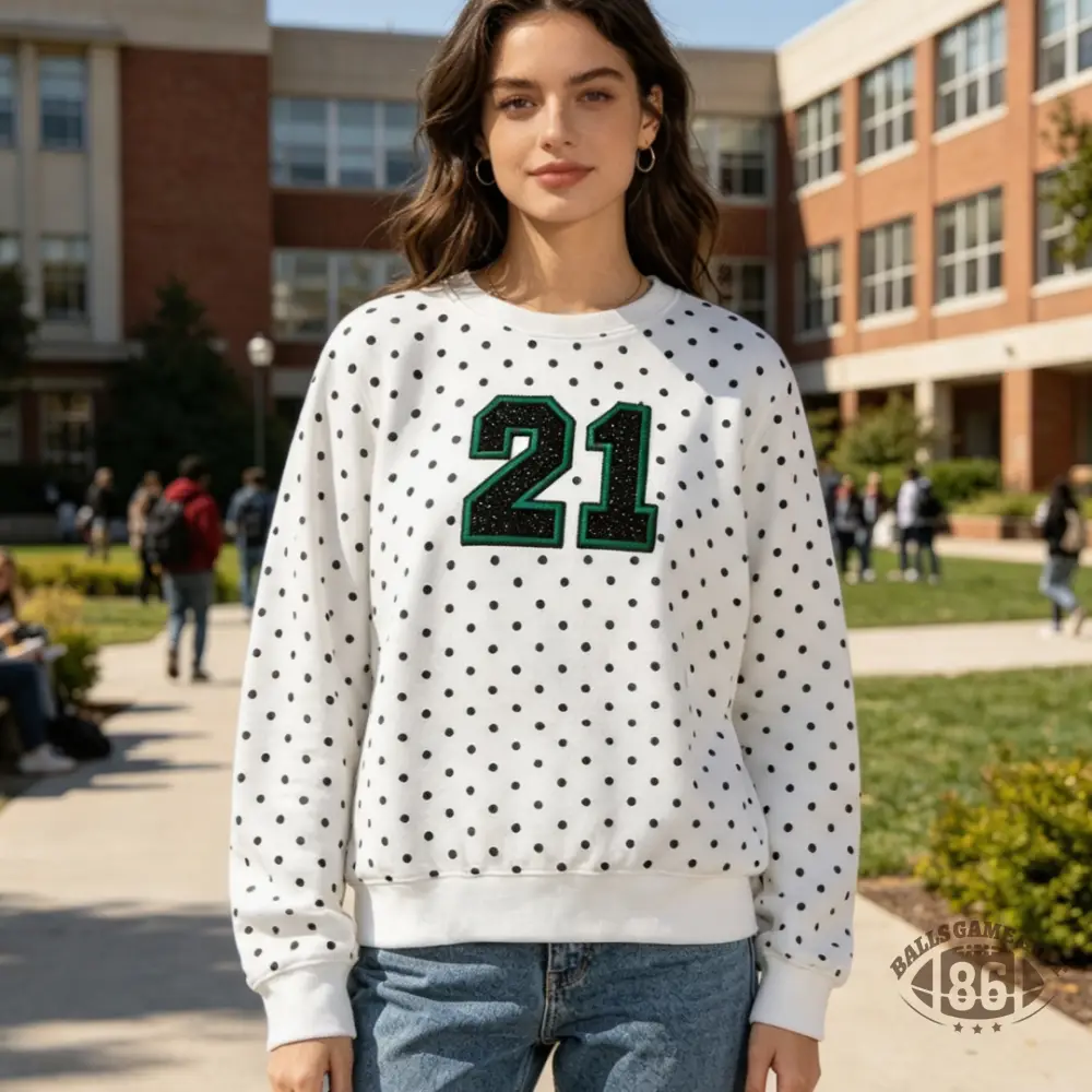 Retro Game Day Sweatshirt | Women Polka‑Dot Glitter Number Crew Neck Pullover
